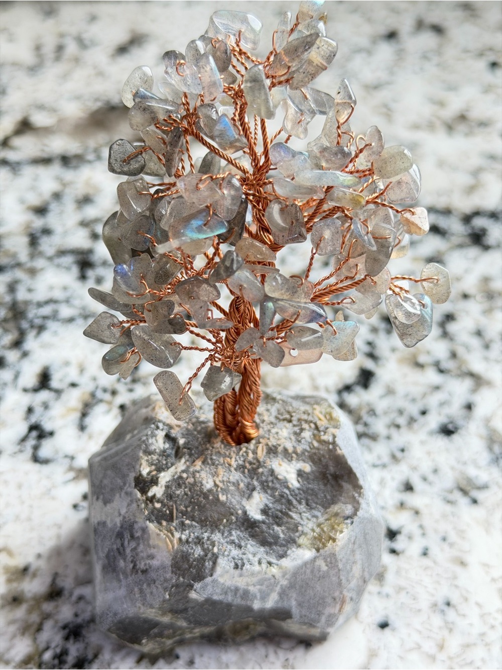 Labradorite Gem Tree on Rough Smoky Quartz Crystal Base - Decorative Home Accent